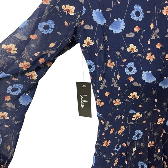 Lulus Bravissima Floral Print Flounce Sleeve Ruffled Dress Navy Blue Size Large - Picture 6 of 9